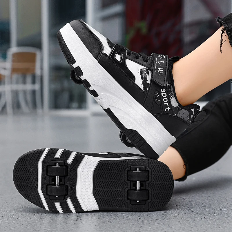 4-Wheels New Designer Fashion Children Roller Skates Shoes Boys Girls Double Row Skateboard Sneakers Kids Leather Sport Shoes