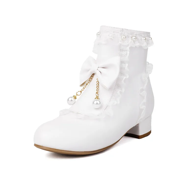 المرأة لطيف لوليتا الجوارب الجانب سستة حذاء بكعب سميك جولة تو الدانتيل Bowknot حذاء من الجلد الفتيات تأثيري فستان الحفلات أحذية موحدة #6
