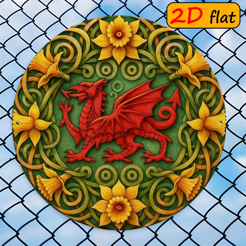 Arte de Pared de Metal de Aluminio, Decoración Plana y Redonda para el Hogar, Placa con Fondo Rojo, Dragón Verde y Narciso Amarillo, 20x20 cm para Estudio o Comedor