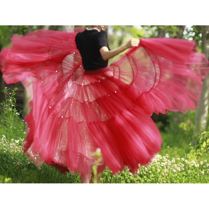 BOHO  Gypsy  Plus Size High Quality Fashion Elegant Pleated Big Hem Red Mesh Sequins Puff Fluffy Tutu Long Maxi Skirt Womens