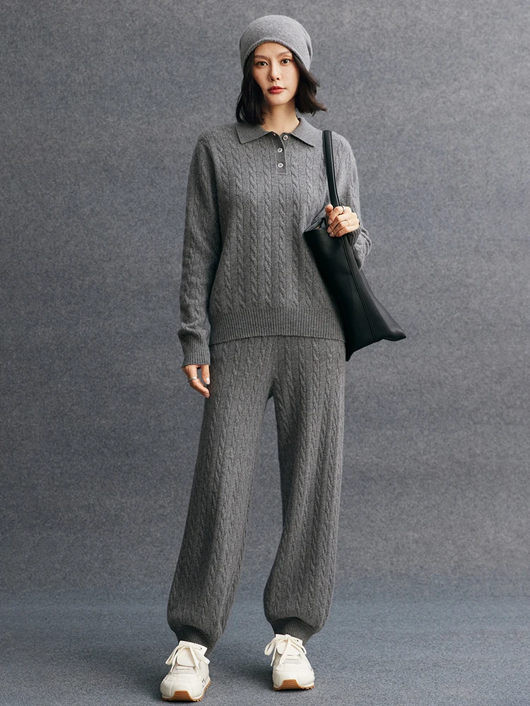 TLOML Women's 100% Cashmere Sweater Autumn Winter Polo Collar Pullover Cable Knitting Casual Style Cashmere Knitwear Soft Tops