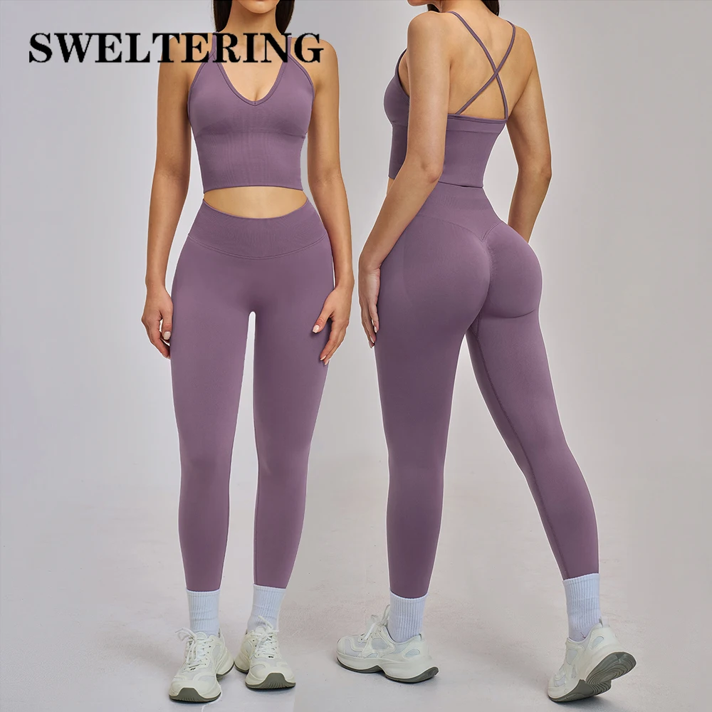 

Женский комплект для йоги из 2 предметов: бесшовный спортивный костюм, спортивная одежда, топ с глубоким V-образным вырезом, фитнес-костюм, женская одежда для спортзала, спортивная одежда