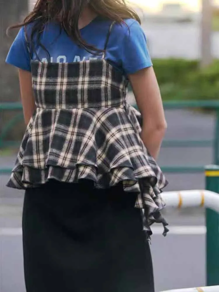 

Зимнее новое поступление в европейском и американском стиле, модный многослойный декоративный клетчатый топ с прямым вырезом для девочек
