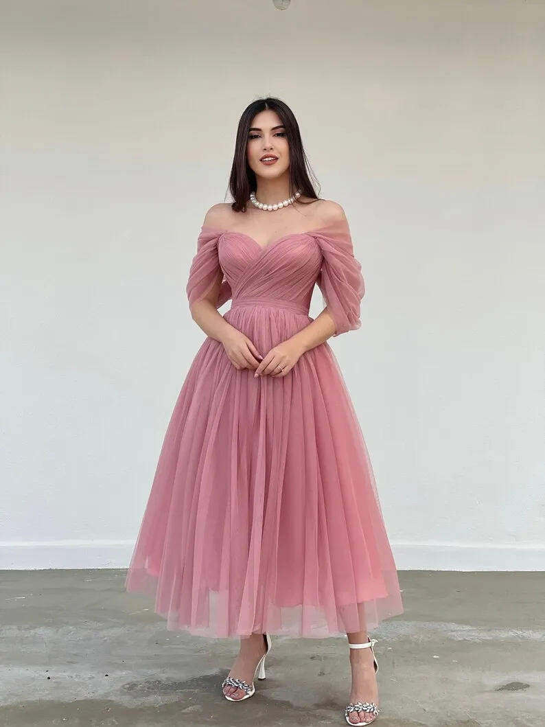 Tulle Sweetheart A-line Evening Dresses Off the Shoulder Tea-Length Party Dress With Pleats & Bow Elegant Lace Up Prom Gown