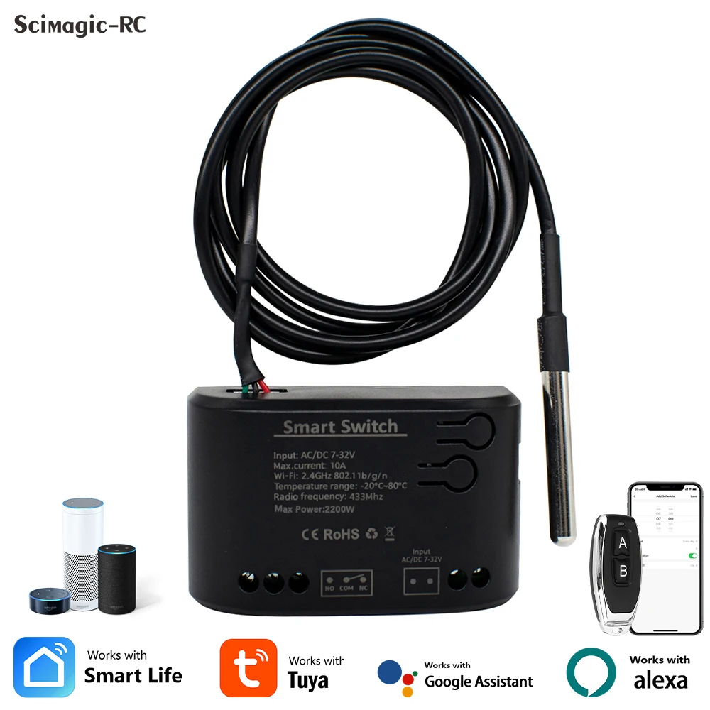 

Tuya WiFi переключатель AC DC 12V 24V 220V беспроводной контроль с потреблением энергии мониторинг температуры и влажности термостат Alexa