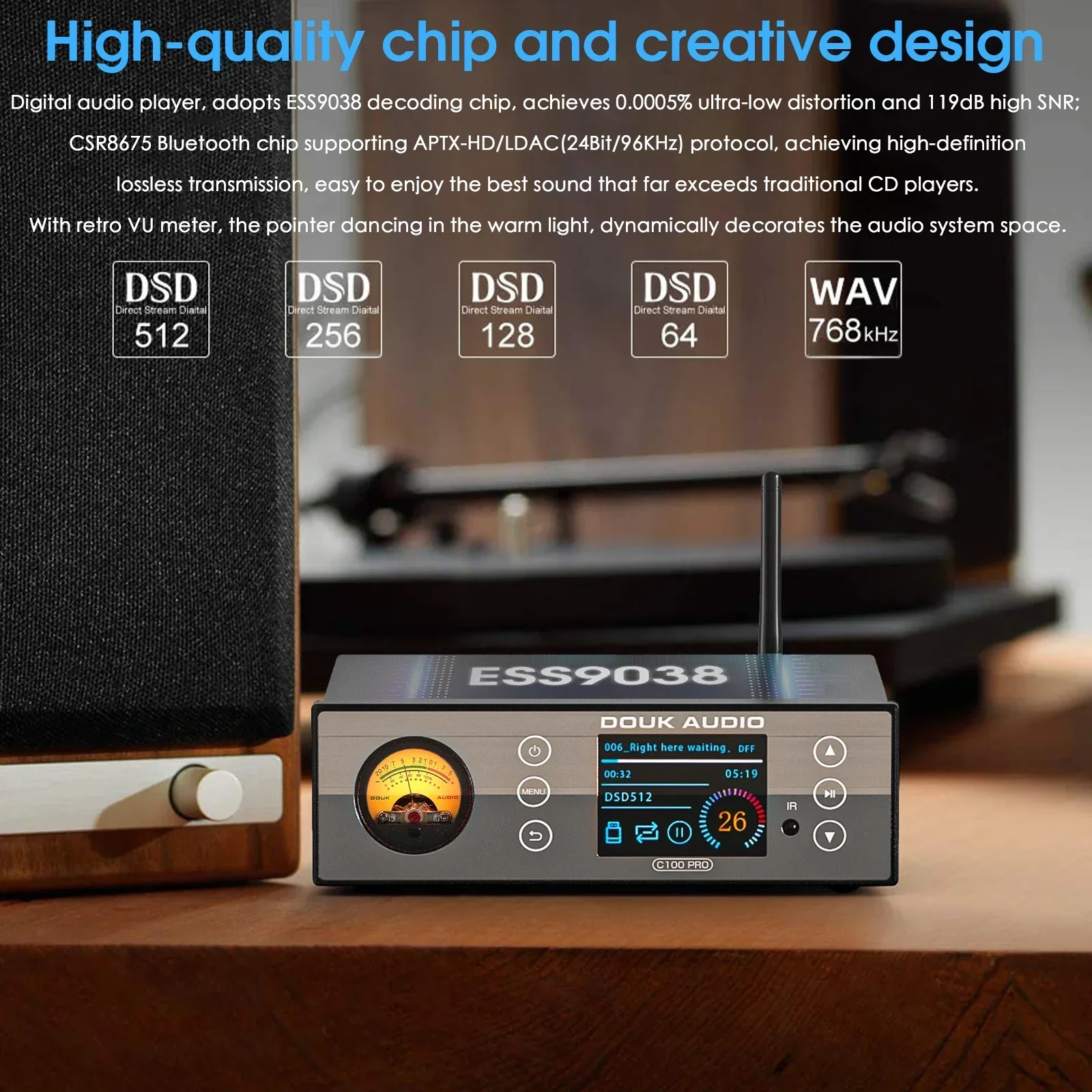 Douk Audio C100 PRO HiFi Bluetooth 5.0 Digital ESS9038 Preamp OLED Display Streamer USB Player DSD512 with VU Meter