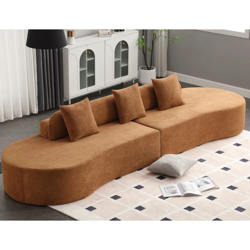 

curved combination sofa, terrycloth fabric sofa, minimalist sofa in living room, apartment, no assembly required, three pillows