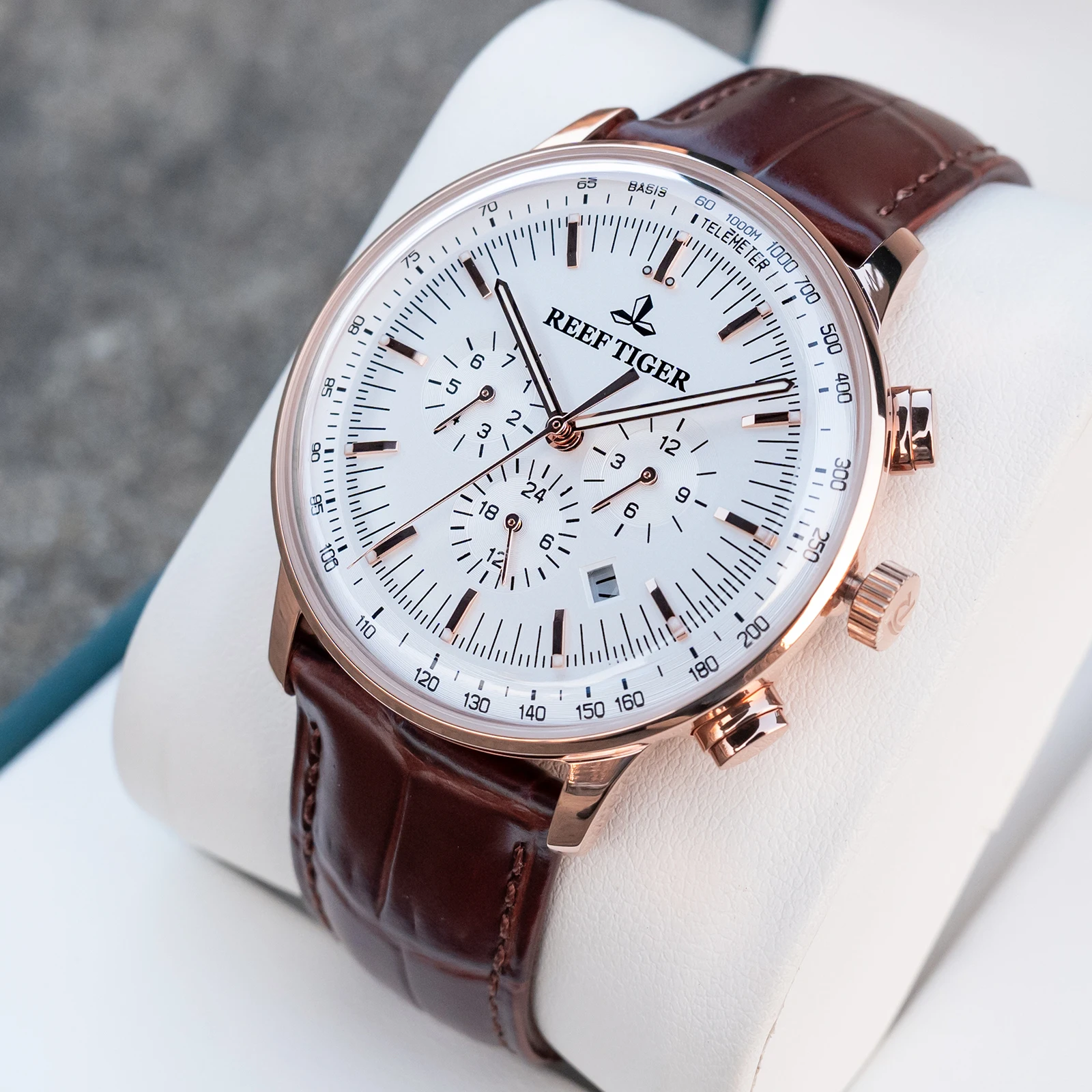 Reef Tiger/RT Exzellente Herrenuhr aus Roségold, weißes Zifferblatt, Multifunktionskalender, mechanische Armbanduhr, Relogio Masculino RGA1698