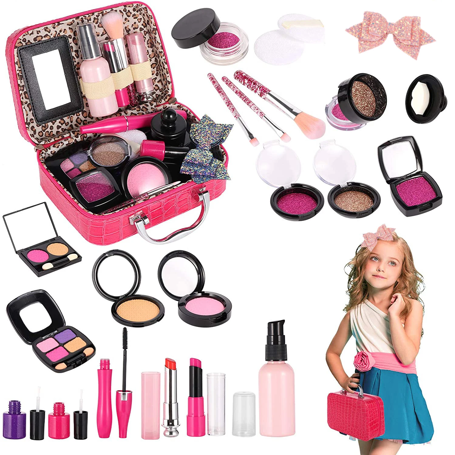 Pretend Makeup Kit toys for Girl,Cosmetic Pretend Play Beauty Make Up Set, Fake Eye Shadow Brushes Glitter Nail Polish(Not Real)