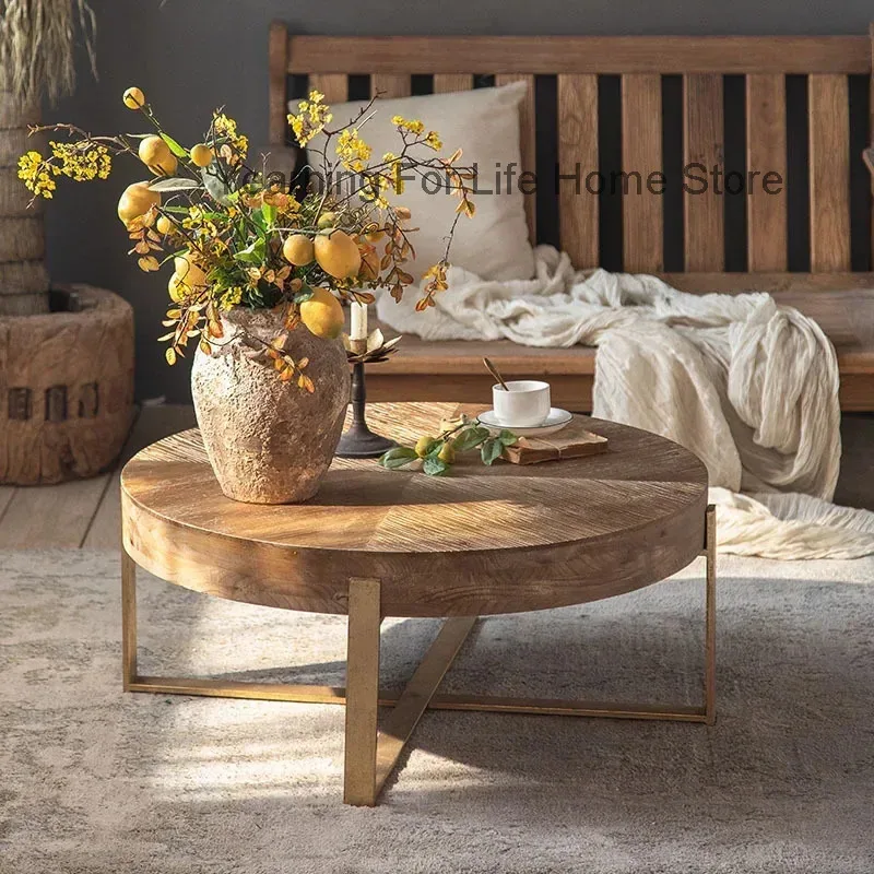 

Simple Retro Square Solid Wood Coffee Tables with Iron Legs Luxury Sofa Side Round Table Center Table for Living Room Furniture