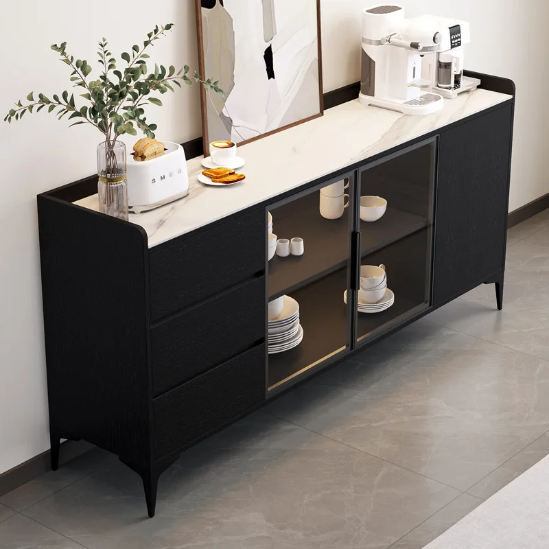 Modern simple black household solid wood against the wall, dining side tea cabinet, minimalist large-capacity rock slab storage