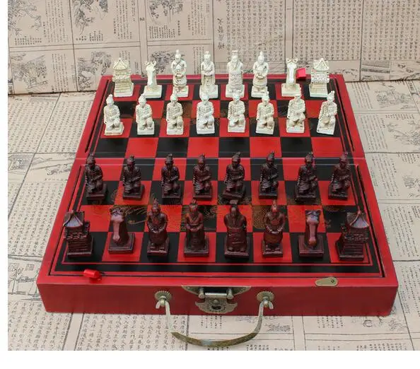 

Antique international Chinese chess Exhibits crafts decoration 32 pieces chess set/box/Xian Terracota Warrior Statue wholesale