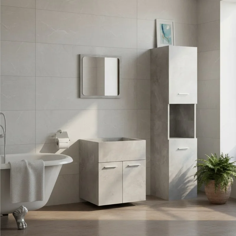 Ensemble de meubles de salle de bain 3 pièces en composite de bois gris béton, au look industriel moderne et discret, idéal pour les salles de bain de petite taille et les arrangements pratiques de rangement à domicile.