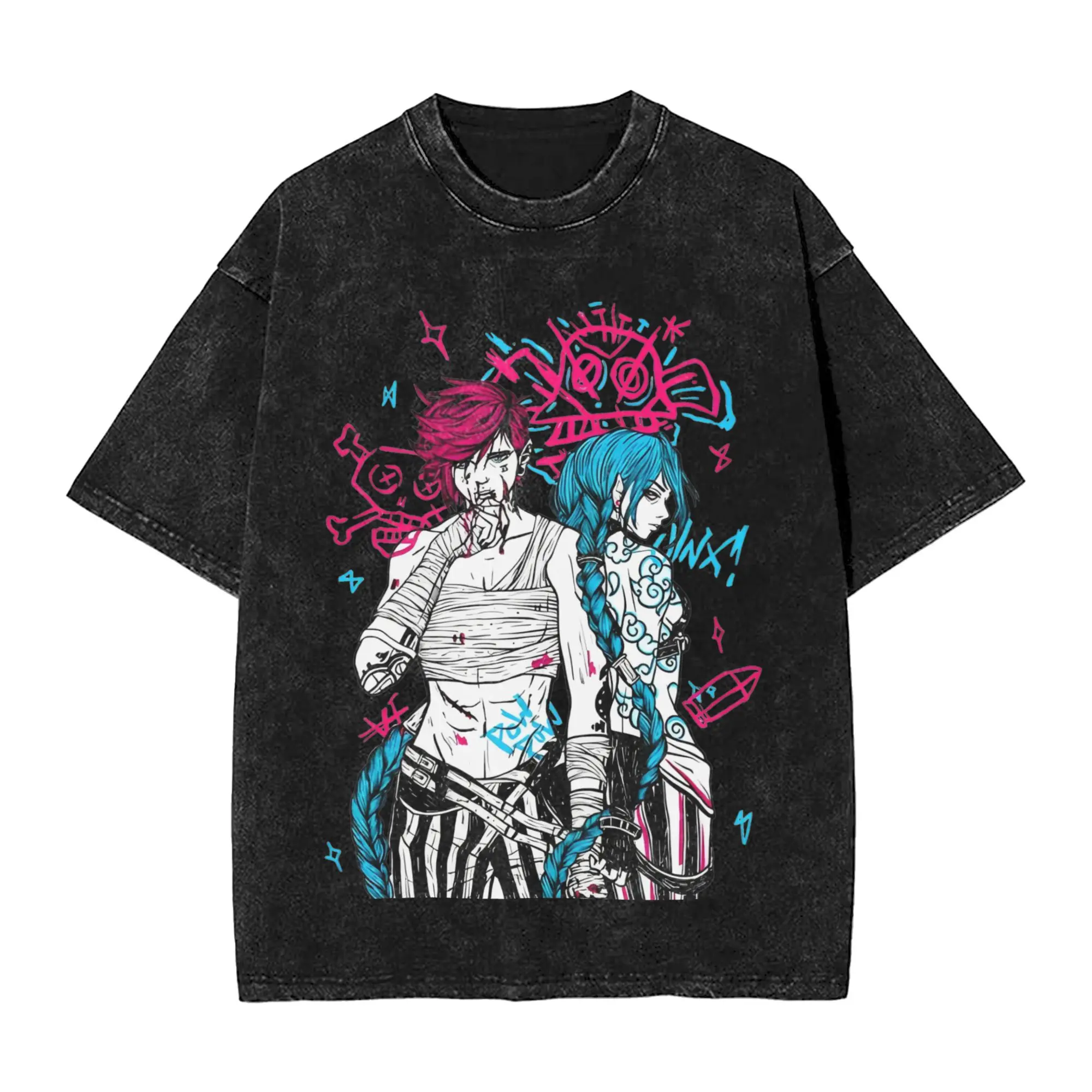 Arcane Graffiti Character Washed T Shirts for Men Caitlyn Viktor Jesus Vi Sevika Short Sleeve Tees O Neck 100% Cotton Clothes