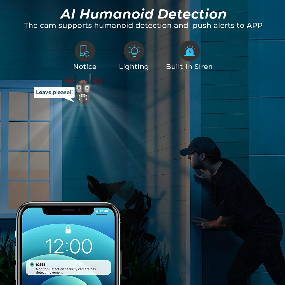BESDER 12MP 6K PTZ Wifi Camera Three Lens Security Protection Night Vision Outdoor IP Camera CCTV Surveillance Monitor ICSEE APP