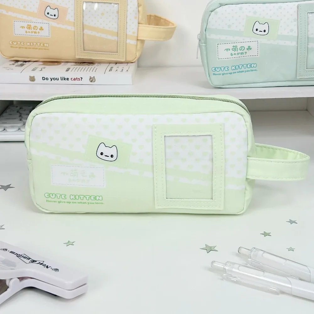 Polka Dot Kitten Print Pencil Case Multi Colors with Handle Pencil Pouch with Photo Window Large Capacity Stationery Bag
