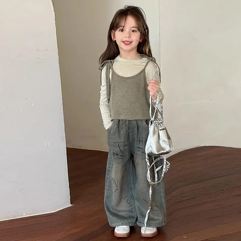 Girls Spring Fall Set 2026 New Kids Stylish Strapless Long Sleeve Little Girl Fall Wide Leg Pants Three Piece Set