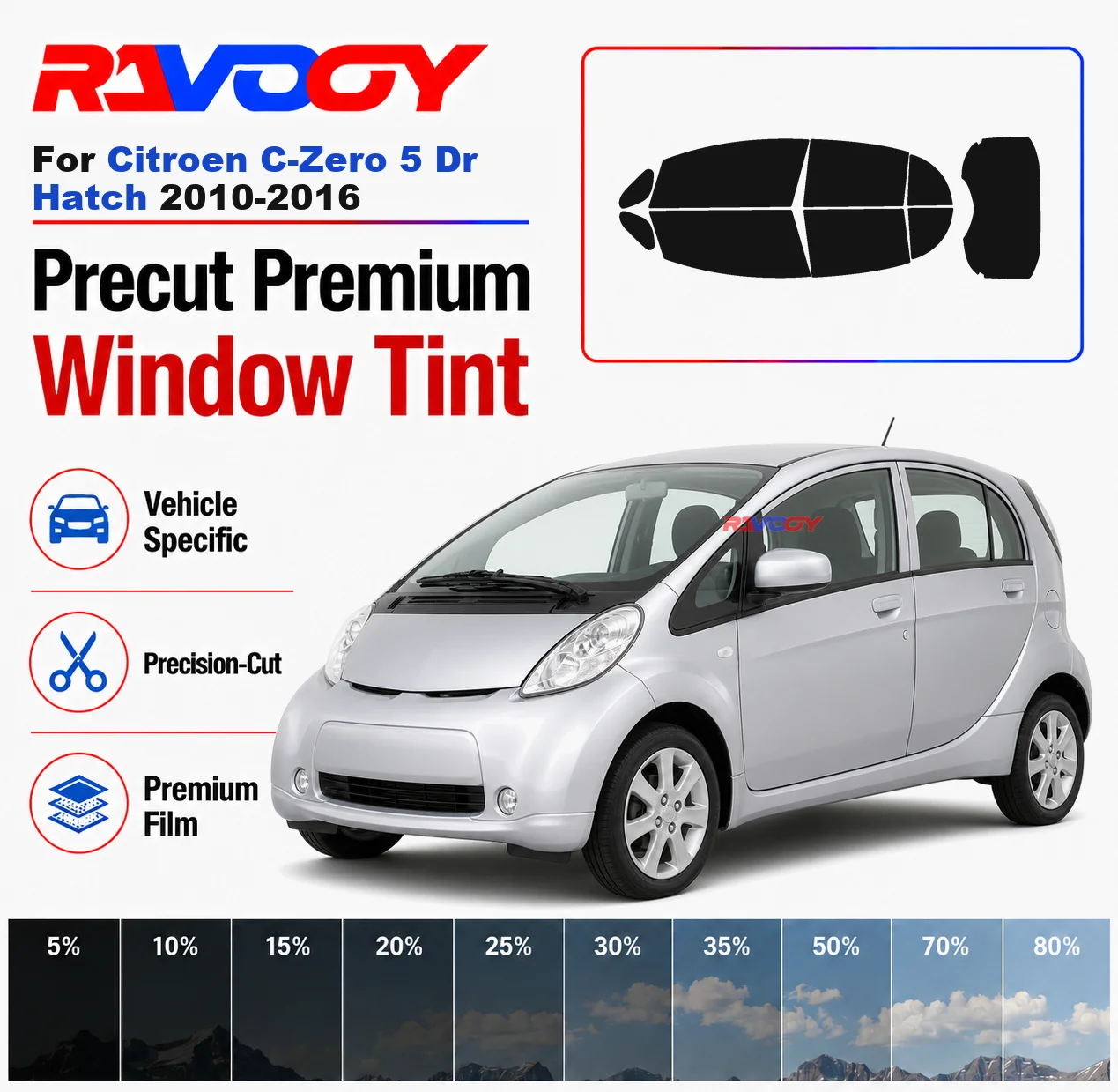 Premium Precut Window Tint Kit Front Rear Windows Rear Windshield For Citroen C-Zero 5 Dr Hatch 2010-2016 Nano Ceramic Film