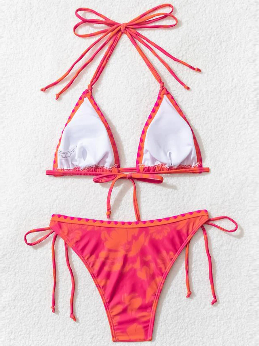 新しい女性 2 個ビキニ水着プリントタイアップホルターネックノースリーブパッド入りブラジャー Tバックボトムスビーチ水着セット S-XL