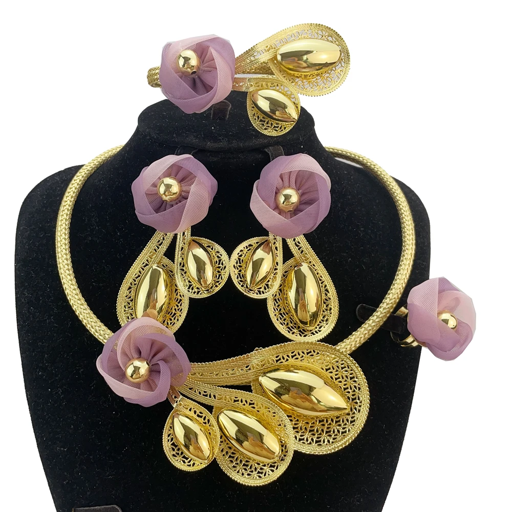 

Hot Selling Brazilian Gold Plated Jewelry Soft Necklace Earrings with Pendant Women Wedding Party Banquet Jewelry FHK20654
