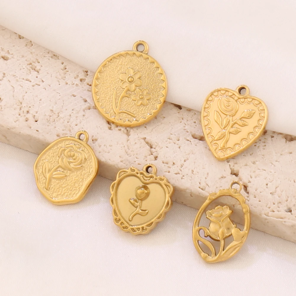 

3pcs Stainless Steel Flower Pendant 18K Gold Plated Heart Rose Charms Pendant For DIY Jewelry Making Supplies Accessories
