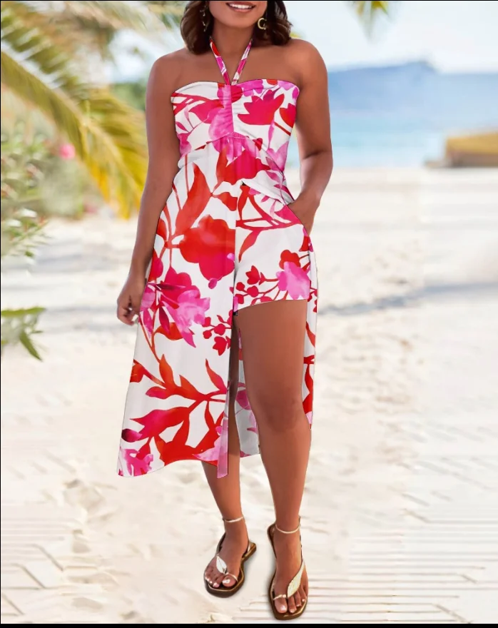 

Pants Sets for Summer Women Wear 2 Pieces Outfit Women's Casual Floral Print Halter High Slit Long Top & Shorts Set with Pockets