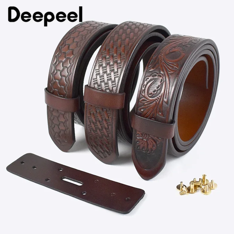 1Pc 3.8cm Men's Genuine Leather Belt Body Embossed Retro First Layer Cowskin Belts Vegetable Tanned Without Buckle Waistband