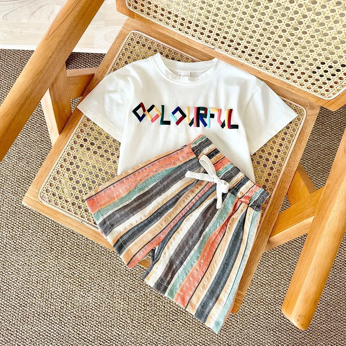 Summer Baby Clothes Sets Newborn Boys Casual Letter Puff Short-Sleeved Cotton T-Shirt +Color Bars Shorts Children Outfit Suit