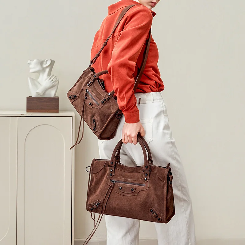 сумка женская Nubuck Leather Stitching Minimalist Tote Bag Brown Large Capacity Daily Use 2026 Winter Shoulder