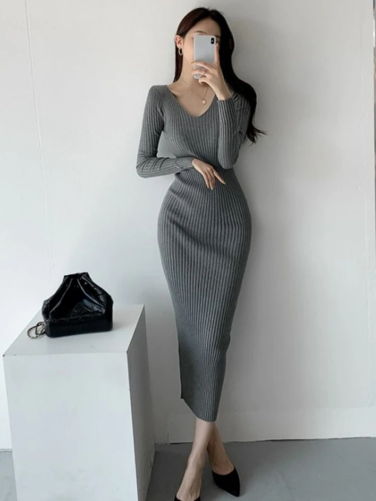 Y2k Bodycon Maxi Dresses for Women Knitting Autumn Robe Femme Fashion Sexy All Match Tunic Vintage Dress 2024 Vestidos De Mujer