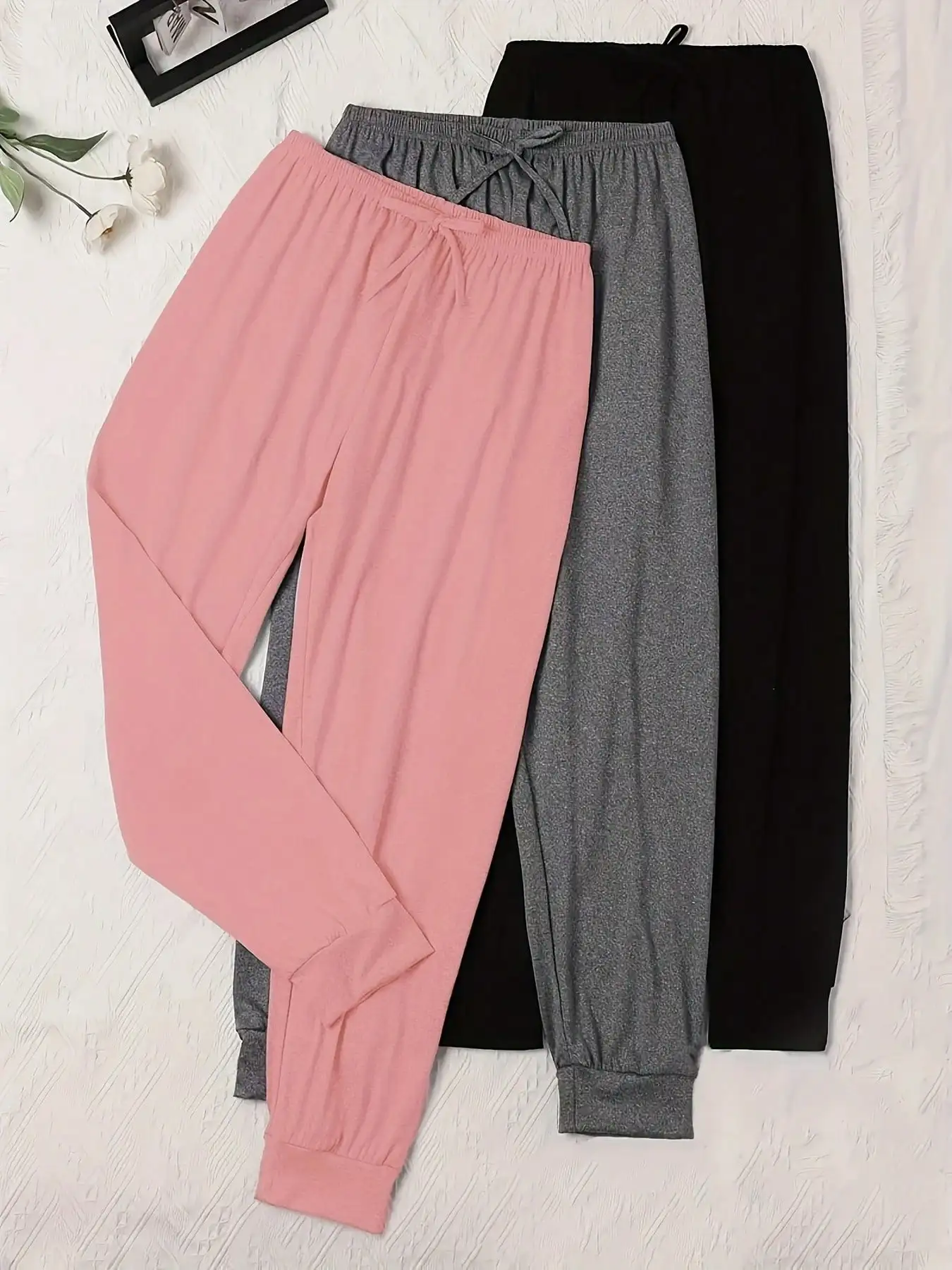 

Комплект из 3-х женских однотонных брюк для отдыха, мягкий трикотаж из полиэстера, эластичный пояс, повседневная одежда для сна