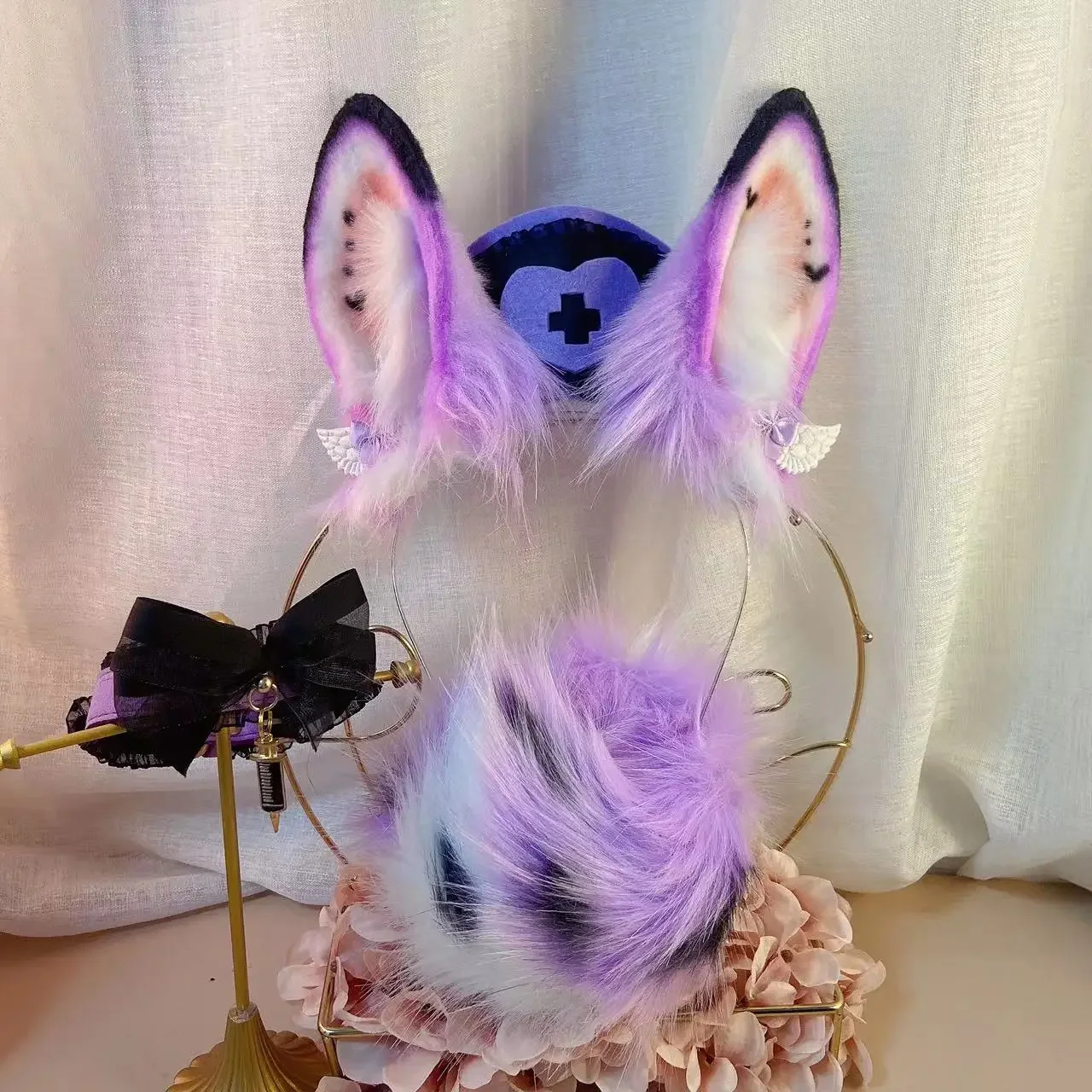 Handmade Purple Bunny Rabbit Ears Hairhoop Headwear Nurse Hat Tail  Earrings Cosplay Prop Lolita Acessories