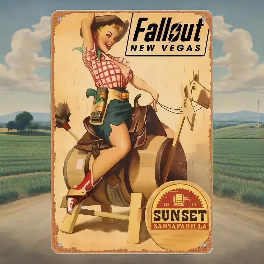 لوحة فنية جدارية "Fallout New Vegas" من القصدير أحذية رعاة البقر الريفية وفن سباق الأسطوانات ديكور حديدي مقاوم للطقس للحانات والنوادي
