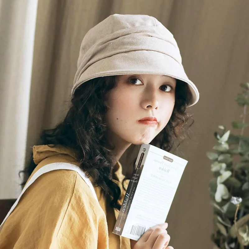Japanese Cotton Linen Pleated Women Bucket Hat Small Brim Summer UV Resistant Breathable Retro Artist Basin Hat Ladies Berets