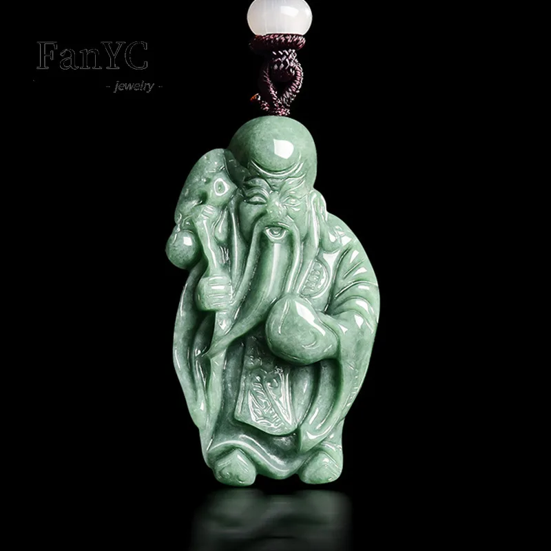 

Natural Genuine Jadeite Bean-Green Immortal of Longevity Pendant Hand-Carved Fashion Jewelry for Men and Women Holiday Gift