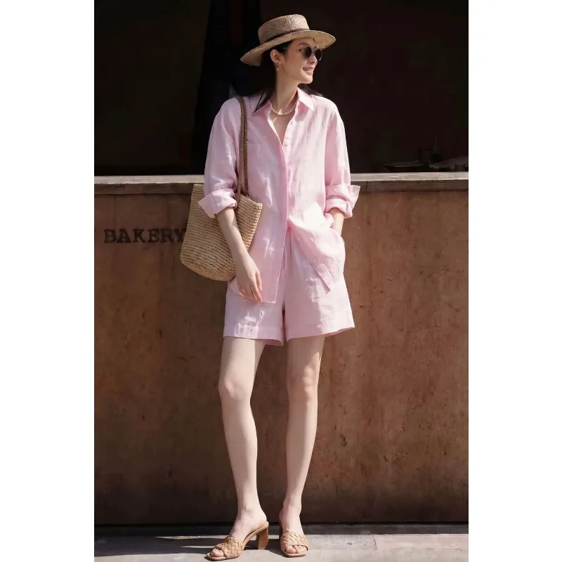 Women Old Money Linen Cotton Two Piece Set Loose Long Sleeve Shirt Drawstring Shorts Minimalist Beach Casual Outfit