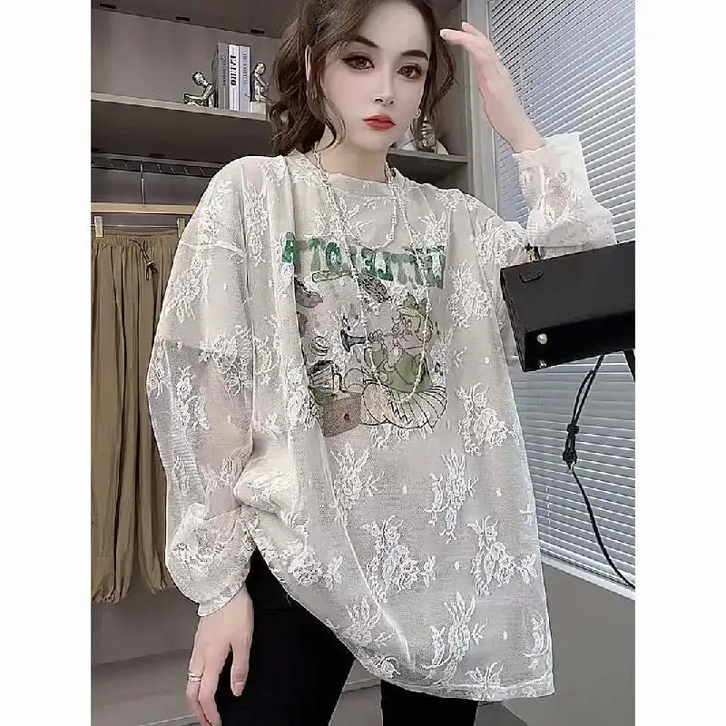 Summer New Fashion Hong Kong Style Cartoon Plus Size Lace Patchwork Fake Two Loose Slimming Long Sleeved T-shirts