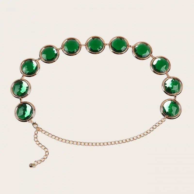 Women Green Belt Halloween Cross border Explosions Spot Ladies Golden Round Red BrightWaist Chain Color Stone Crystal Dance