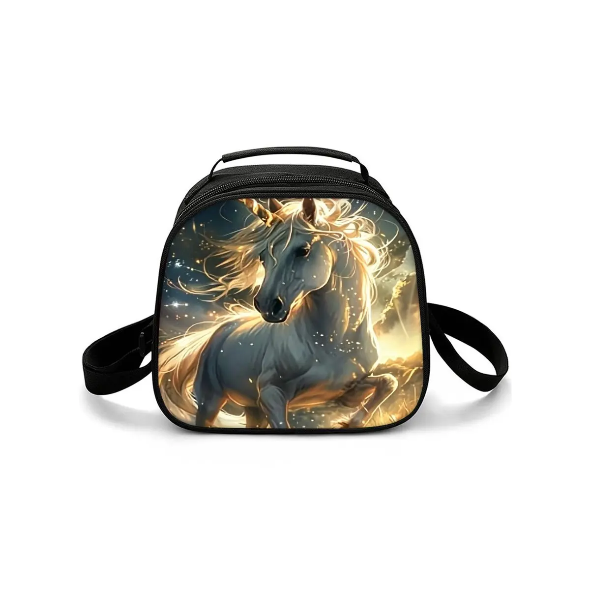 Cattle Horses Shoulder Strap Circular Cat Lunch Bag for Boy/Girls Best Gifts 2D Cartoon School Bento Lunch Box Bag for Children