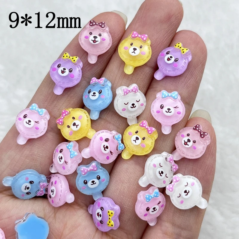 50pcs 3D Mini Cute Cartoon Bowknot Bear Popsicle Manicure Resin Nail Art Ornament Flower Shape Nail Art Supplies