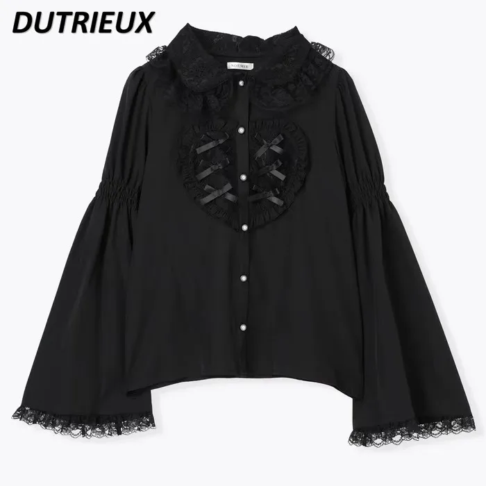 New Spring Autumn Women's Tops Big Love Lace Lace Bow Long Sleeve Shirt Lolita Japanese Style Casual Elegant Blouses Female