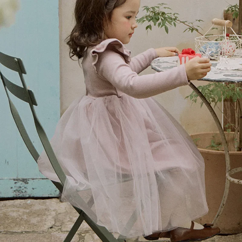 2023 Autumn New Korean Children\'s Girls\' Phimon Yarn Princess Long Sleeve Dress kids clothes baby girl dress