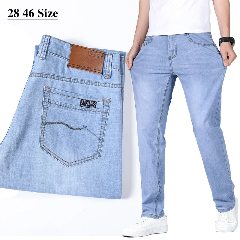 

Plus Size 40 42 44 46 Brand Men's Jeans Classic Fashion Slim Denim Pants Male Business Casual Straight Trousers Black Light blue