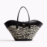 Zebra Print Shopper Bag, Half-Moon Straw Shoulder Bags Luxury Designer Tote Handbags Women's Fashionable Bukcet Bag