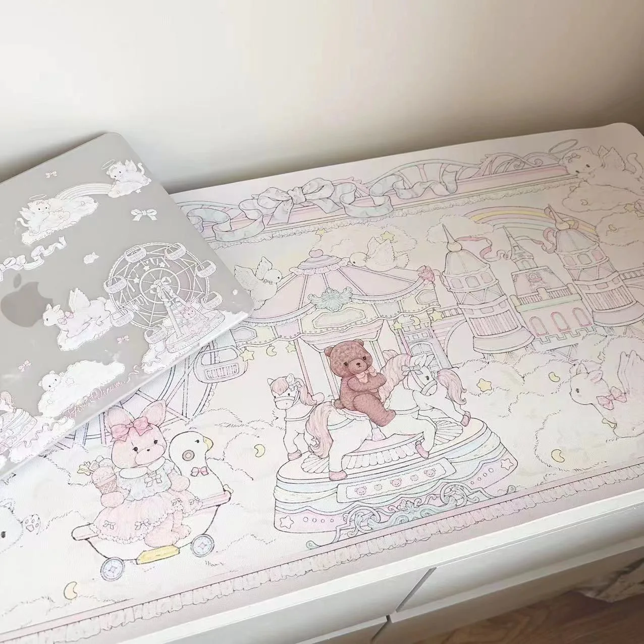 Merry-Go-Round Cute Bear PU Leather Desk Pad Non-Slip Large XXL Small Mouse Pad Pc Home &Office Game Laptop Keyboard Pad Carpet