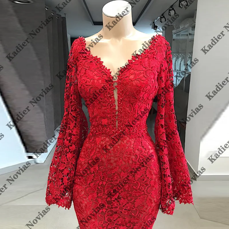 Long Sleeves Red Lace Muslim Evening Dresses V Neckline Customized Special Occasion Party Dress vestidos de fiesta elegantes
