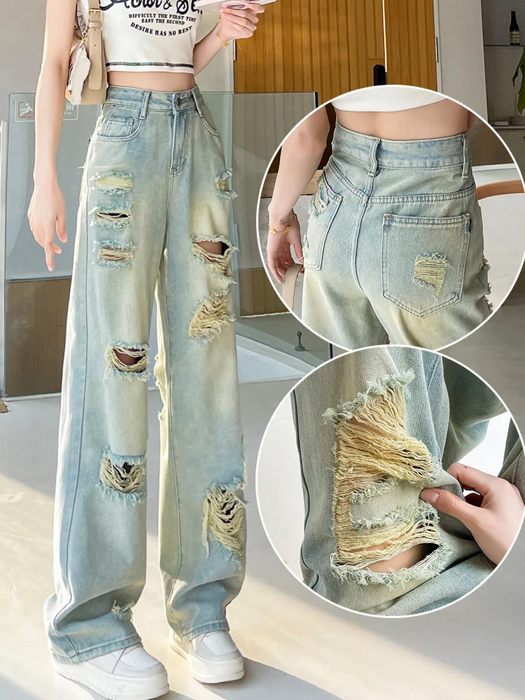 

High Waist Straight Leg Denim Jeans Women's Fashionable Design Loose Fit Casual Blue Cotton Torn Hole Wide Leg Long Pants
