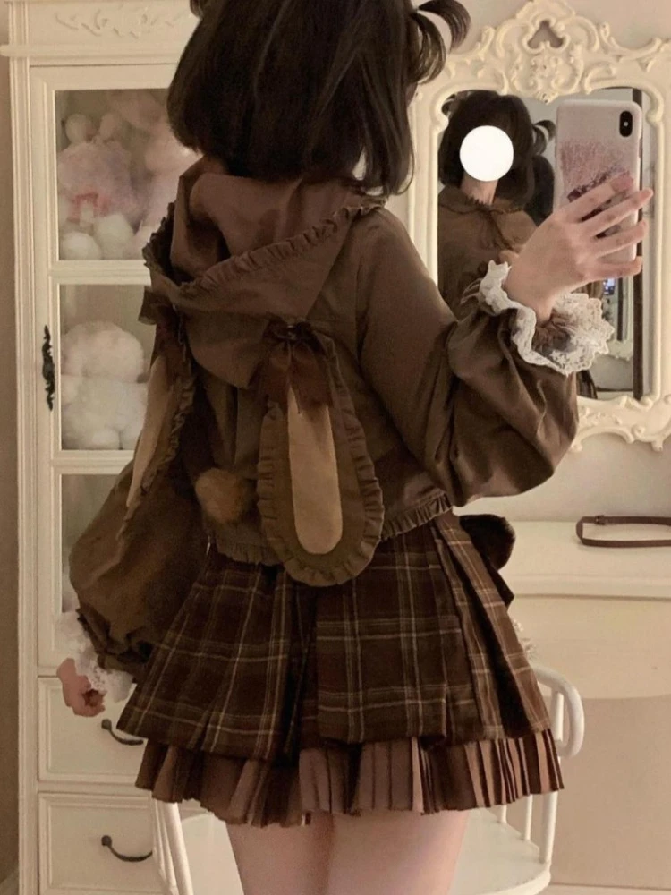 

Japanese Vintage Kawaii Sweet Lolita 2 Piece Set Women Cute Design Hooded Coat + Ruffle Skirt Harajuku Fashion Retro Outfits New