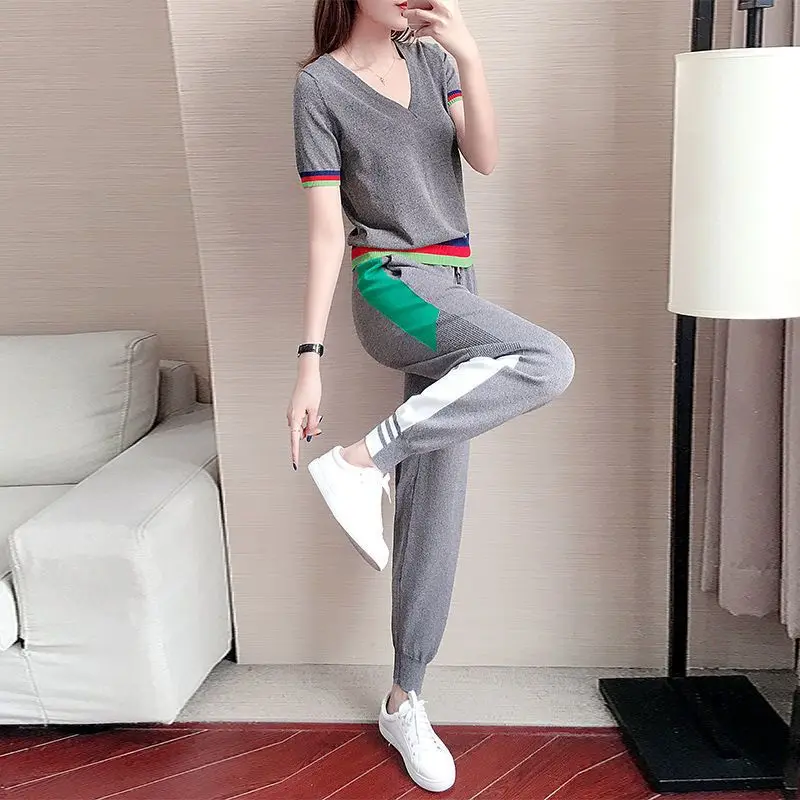 Sports Suit Women's Summer New Style 2023 Fashion Loose Casual Short Sleeve Color Matching Leggings Two-piece Set Tracksuit