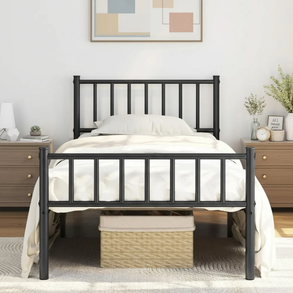 

Двойной металлический каркас кровати на платформе с изголовьем и изножьем, 14-дюймовое место для хранения вещей, коробчатая пружина не требуется, простая сборка